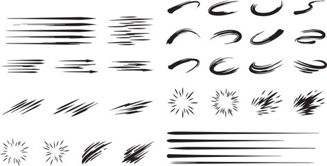 Fototapeta premium Big collection of comic speed lines burst effects and dynamic movement brush strokes isolated on white background