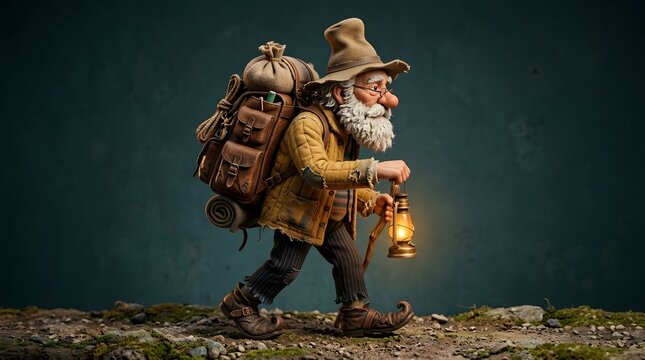 Elderly wanderer with backpack and lantern walking through darkness