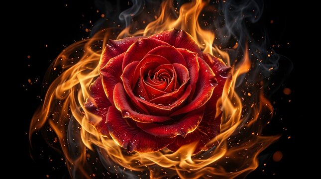 Burning red rose flower surrounded by bright flames on black background