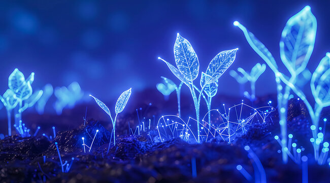 Glowing blue fantasy plants growing in dark soil with sparkling particles. Magical bioluminescent nature scene, futuristic botanical concept and mystical forest atmosphere. 4K Wallpaper