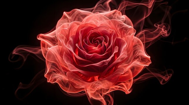 Abstract red rose flower shaped by flowing smoke on a black background