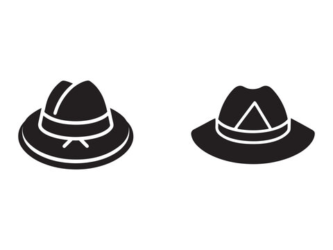 Blackandwhite illustration of two different fedora hats with wide brims and indented crowns and bands  isolated on white background