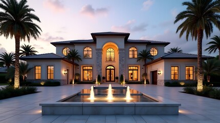 Fototapeta premium Luxury Tropical Mediterranean Mansion Exterior at Sunset with Illuminated Fountain Courtyard and Symmetrical Palm Landscape Design