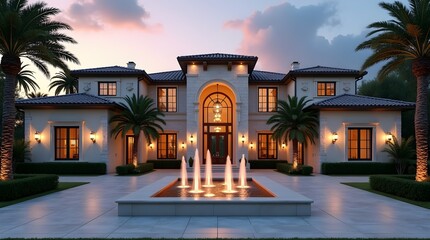 Obraz premium Luxury Tropical Mediterranean Mansion Exterior at Sunset with Illuminated Fountain Courtyard and Symmetrical Palm Landscape Design