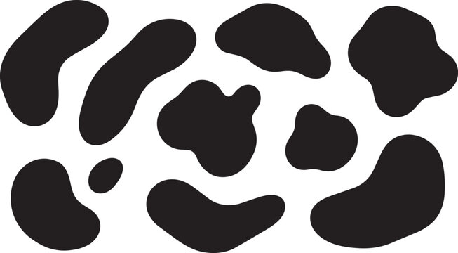 Abstract liquid organic shapes set black cow print blobs isolated on white background