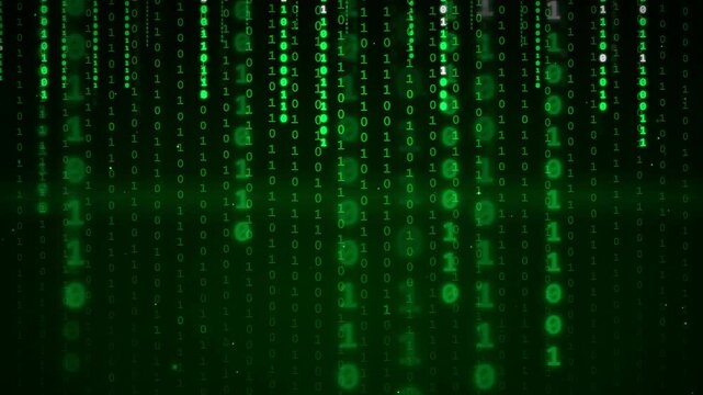 Abstract digital rain of green binary code falling on a dark black background