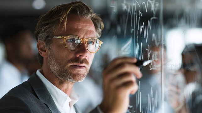 A thoughtful Caucasian man in a suit, wearing glasses, analyzes complex equations on a glass board.