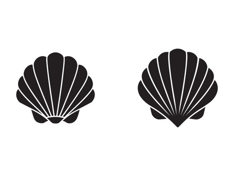 Simple black and white illustration of two scallop shells side by side on plain white background for design elements
