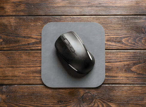 Modern wireless mouse sitting on gray pad placed over textured dark brown wooden desk surface view.