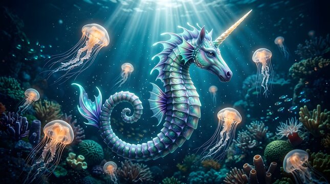 Magical seahorse unicorn creature swimming with jellyfish in deep ocean