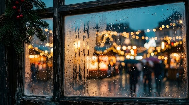 Christmas market view through a wet rainy window with festive lights