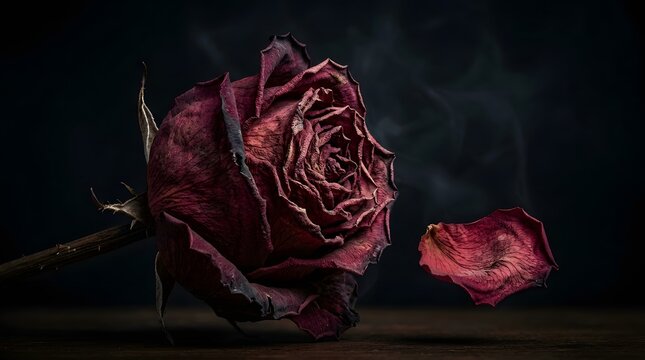 Single withered red rose with falling petal and smoke on dark background