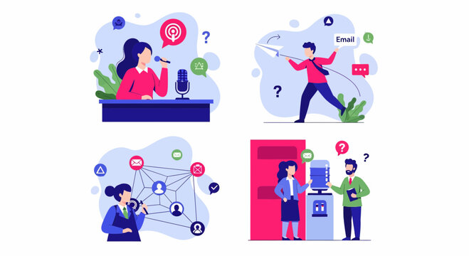 A set of men and women work and talk in modern office via web chat