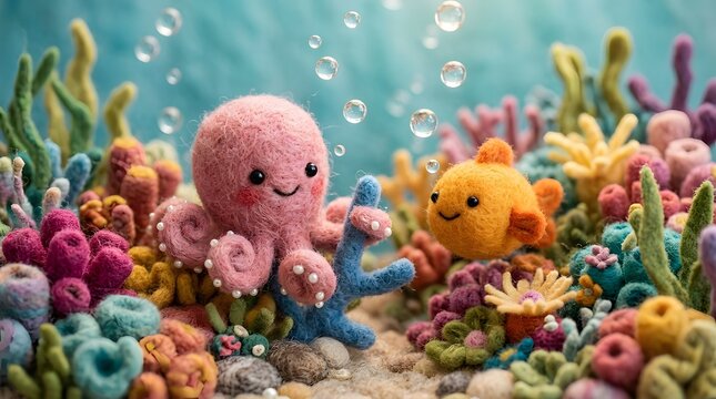 Cute Felt Octopus and Fish Underwater Scene with Coral Reef Decor