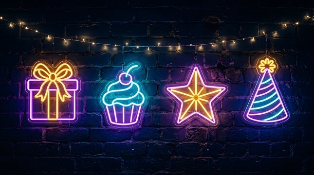 Colorful neon signs of birthday icons on a dark brick wall background