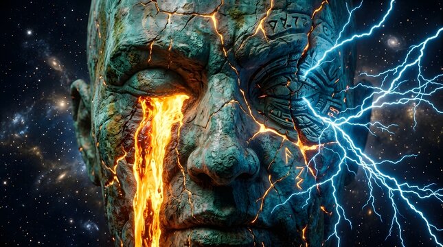 Cracked stone human face sculpture with lava tears and electric lightning