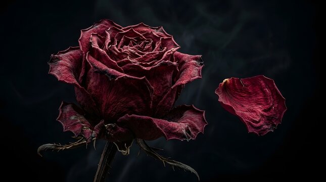 Single dark red withered rose with a falling petal on black background