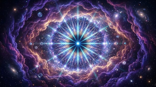 Glowing blue cosmic mandala shining inside a vibrant purple nebula space