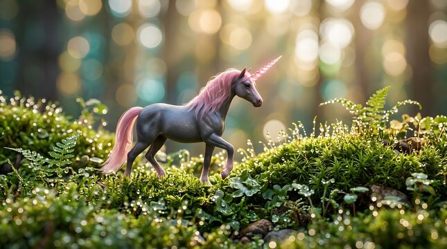 Pink maned unicorn standing in a mossy forest during a sunny morning