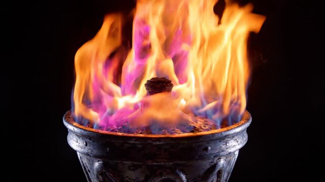 Burning fire flame inside a vintage metal torch brazier glowing against a pitch black background, concept for sporting event victory, ceremonial lighting ceremony and historical illustration
