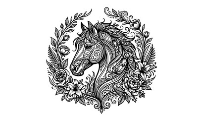 Decorative Horse Head with Floral Ornament Engraving Illustration © Shakib