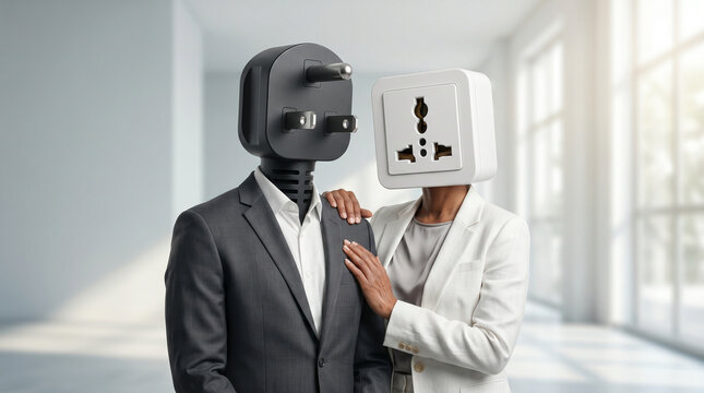 Surreal Business Couple with Electric Plug and Socket Heads Standing in Bright Modern Office Concept