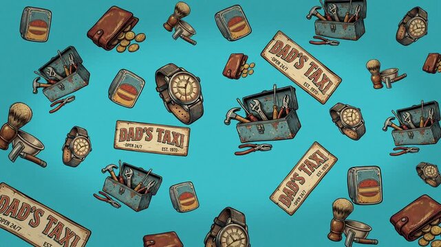 Fathers day vintage theme include taxi old board signs toolboxes wristwatches leather wallets and shaving brushes with scribble animation.