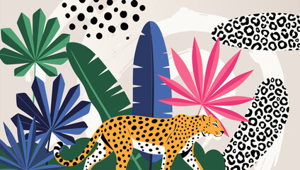 A vibrant illustration of a cheetah walking through a lush tropical forest filled with exotic plants and colorful foliage. © Grogolan