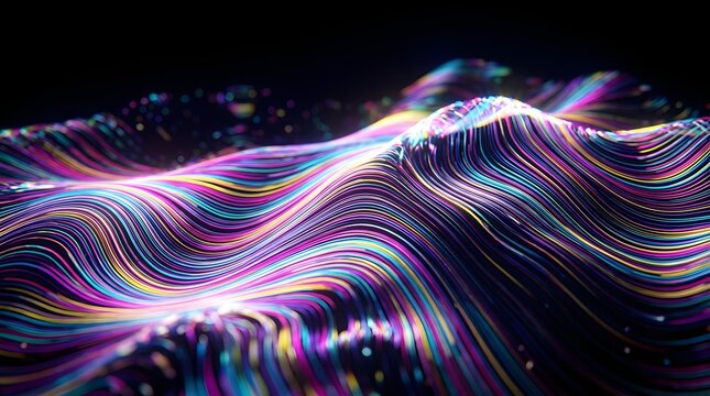 Abstract neon light wave lines forming a 3d digital flowing landscape
