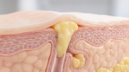 Obraz na płótnie Canvas A cross-section illustration showing a skin pore clogged with sebum forming a whitehead pimple.