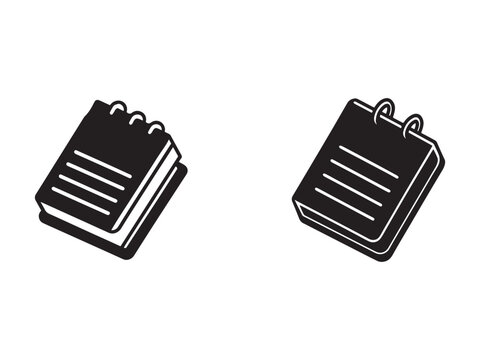 Two black and white icons of notepads with lines on the pages and spiral binding on white background  office supplies for writing and note taking
