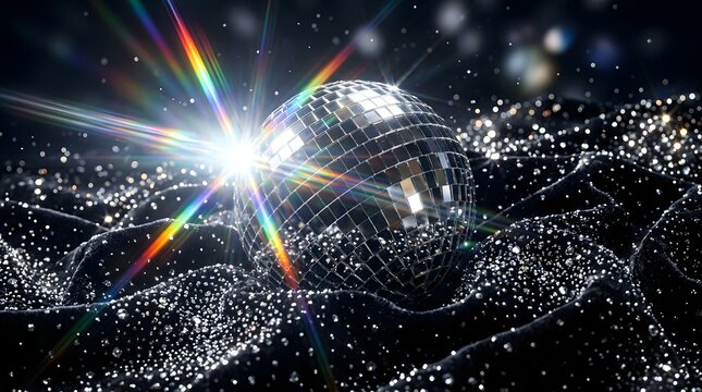 Sparkling silver disco ball reflecting prismatic lens flare light