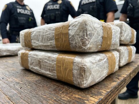 Seized illicit narcotics bricks wrapped in clear plastic and tape displayed on a wooden surface.