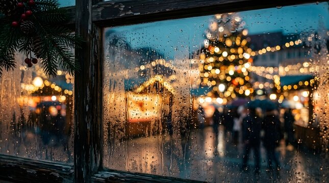 Rainy window view of a festive Christmas market with bokeh fairy lights