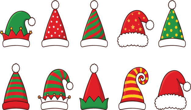 Christmas Santa hat and elf headwear cartoon vector icons set with colorful stripes stars polka dots winter holiday decoration illustration