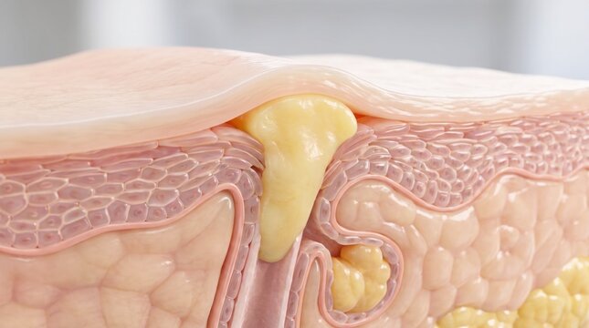 A cross-section illustration showing a skin pore clogged with sebum forming a whitehead pimple.