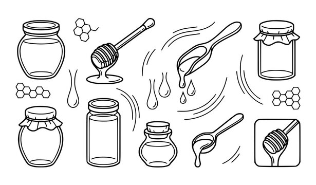 Honey Jar Dipper and Dripping Honey Hand Drawn Vector Set