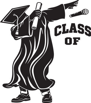 Class of Graduation Vector Illustration Featuring a Graduate in a Cap and Gown Doing a Mic Drop and Dabbing Pose, Perfect for Senior Class T-Shirts, Posters, and Festive Party Decorations.