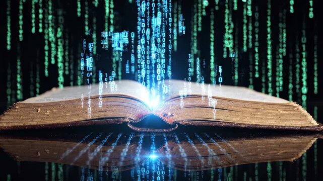 Open old vintage book with glowing blue and green binary code data stream flowing from pages on dark reflective surface, concept for digital library, big data education and cyber security technology