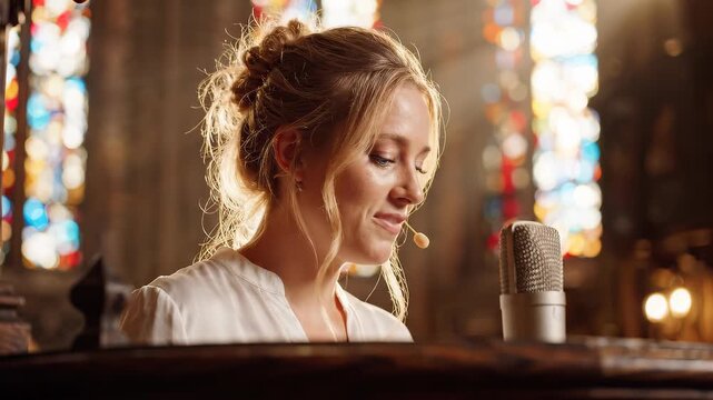 Young blonde woman singing into a condenser microphone inside a sunlit cathedral with stained glass windows, concept for gospel music recording, worship service live streaming and religious podcasting