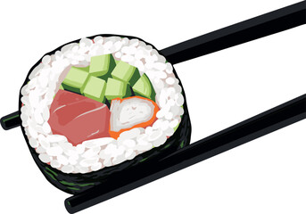 Vector Illustration of a Delicious Sushi Maki Roll with Fresh Tuna and Cucumber Being Held by Black Chopsticks, Isolated on a White Background for Food Menus and Healthy Eating Designs. © Sadek