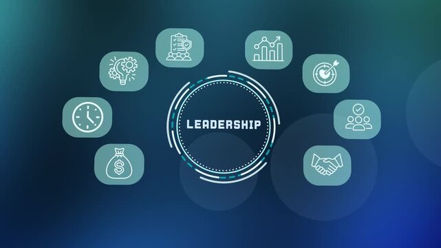 Visionary business leadership concept with strategic growth icons, corporate guidance and analysis tools.
