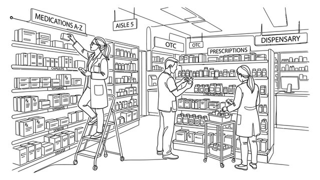 Pharmacists stocking shelves in a pharmacy.