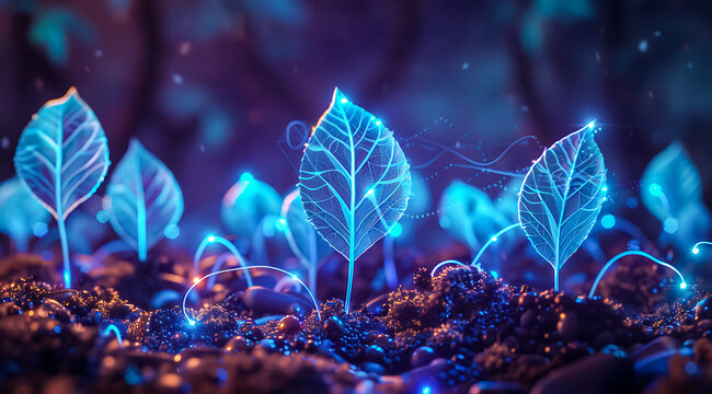 Glowing blue fantasy plants growing in dark soil with sparkling particles. Magical bioluminescent nature scene, futuristic botanical concept and mystical forest atmosphere. 4K Wallpaper