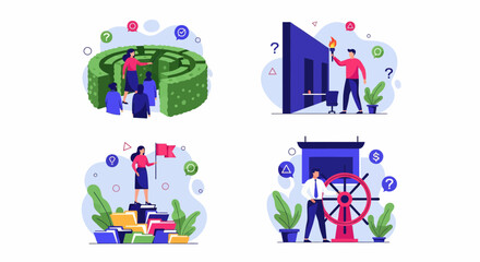Fototapeta premium Business leadership concepts featuring professionals navigating a labyrinth holding a torch for vision and steering a wheel for corporate success strategy
