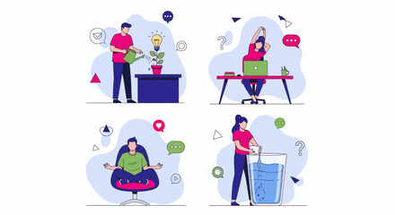 Fototapeta premium Healthy habits at office work like meditation stretching hydration and plant growth for employee mental wellness