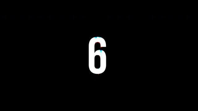 Ten to one countdown text animation with extreme digital glitch melting effect and rgb chromatic aberration on transparent background