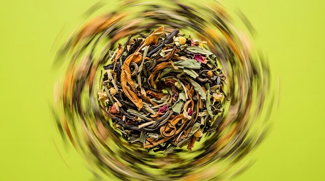 Dried loose leaf herbal tea blend in a swirling vortex on green background