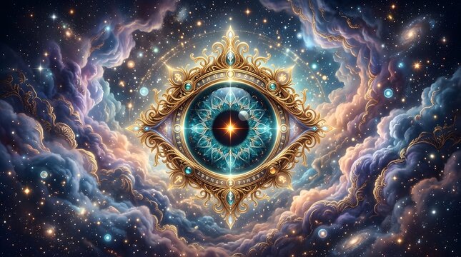 Ornate golden eye symbol floating in a vibrant cosmic nebula background