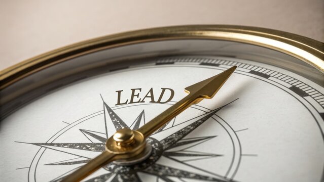 Close-up of a classic compass with the word 'LEAD' prominently displayed on the face, symbolizing guidance and direction in personal growth